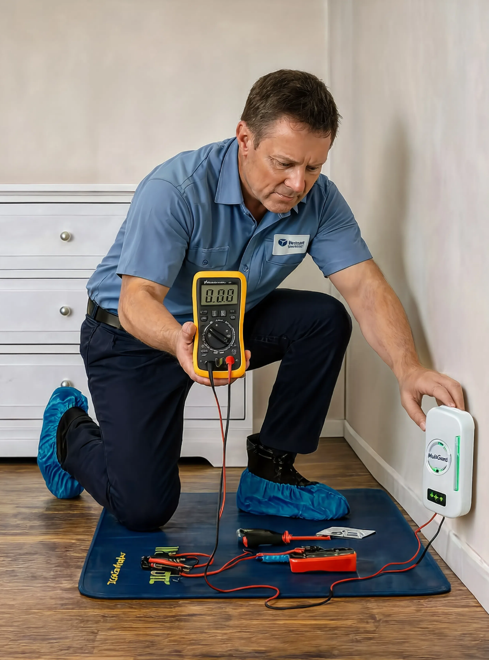 Certified electrician testing a WattSaver unit at a wall outlet with a multimeter