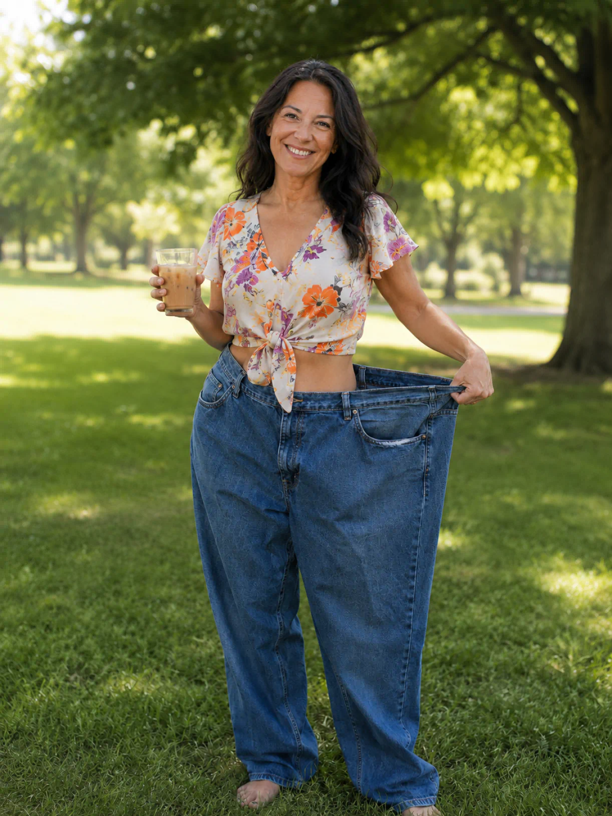 Woman outdoors in a park holding a glass of iced coffee, smiling