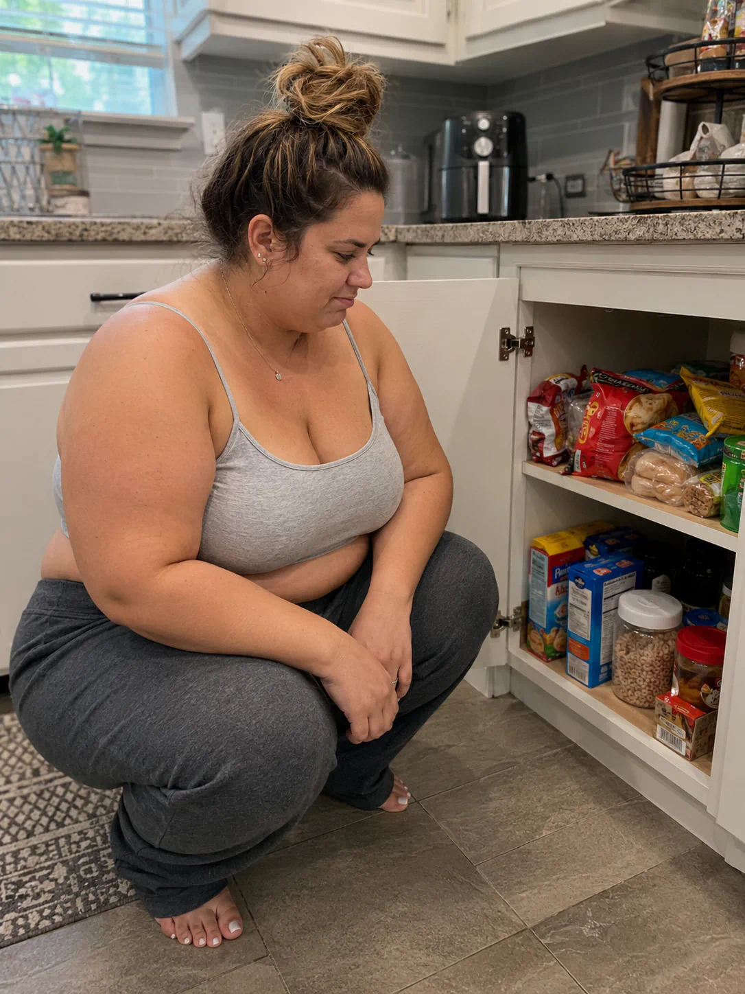 Tired woman at her kitchen table mid-afternoon, natural light, distracted, an open snack nearby
