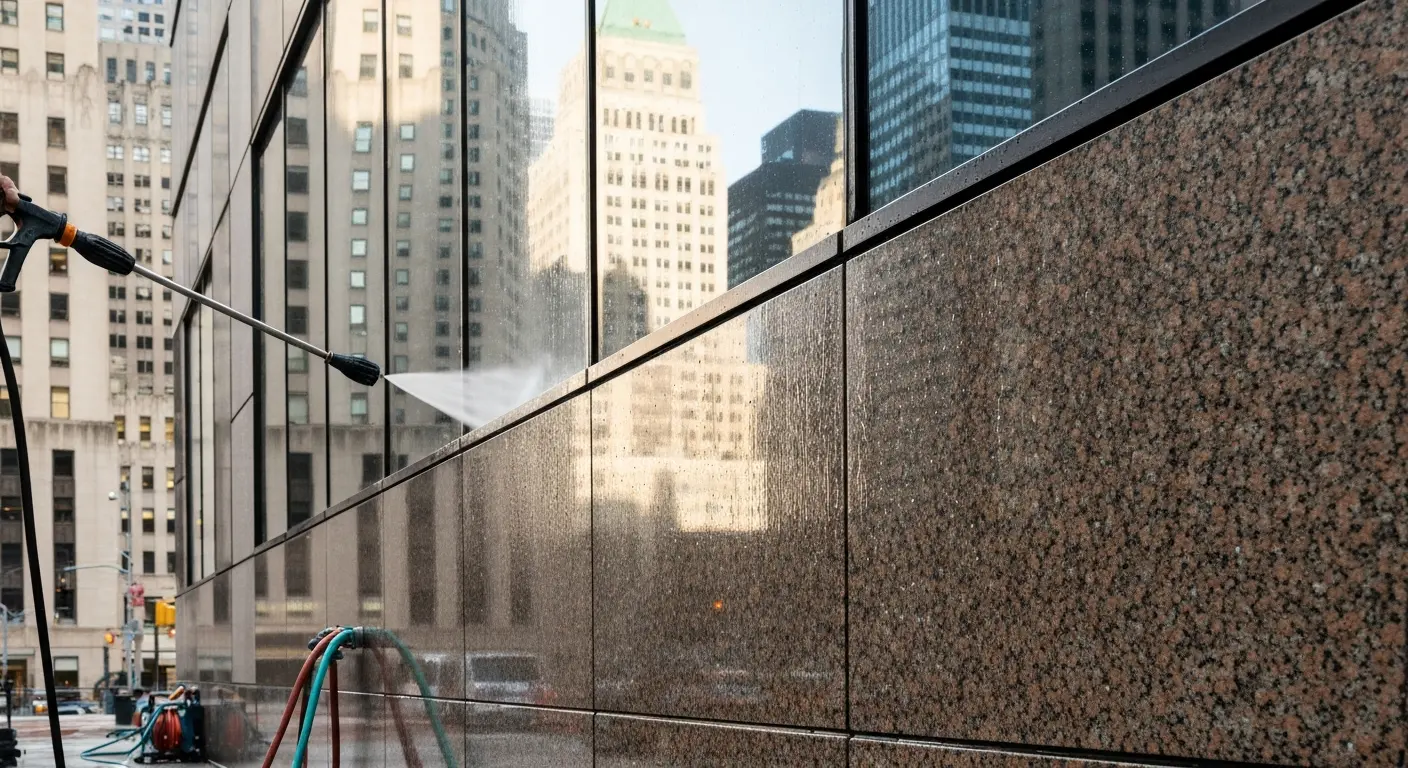 Pressure washing downtown building
