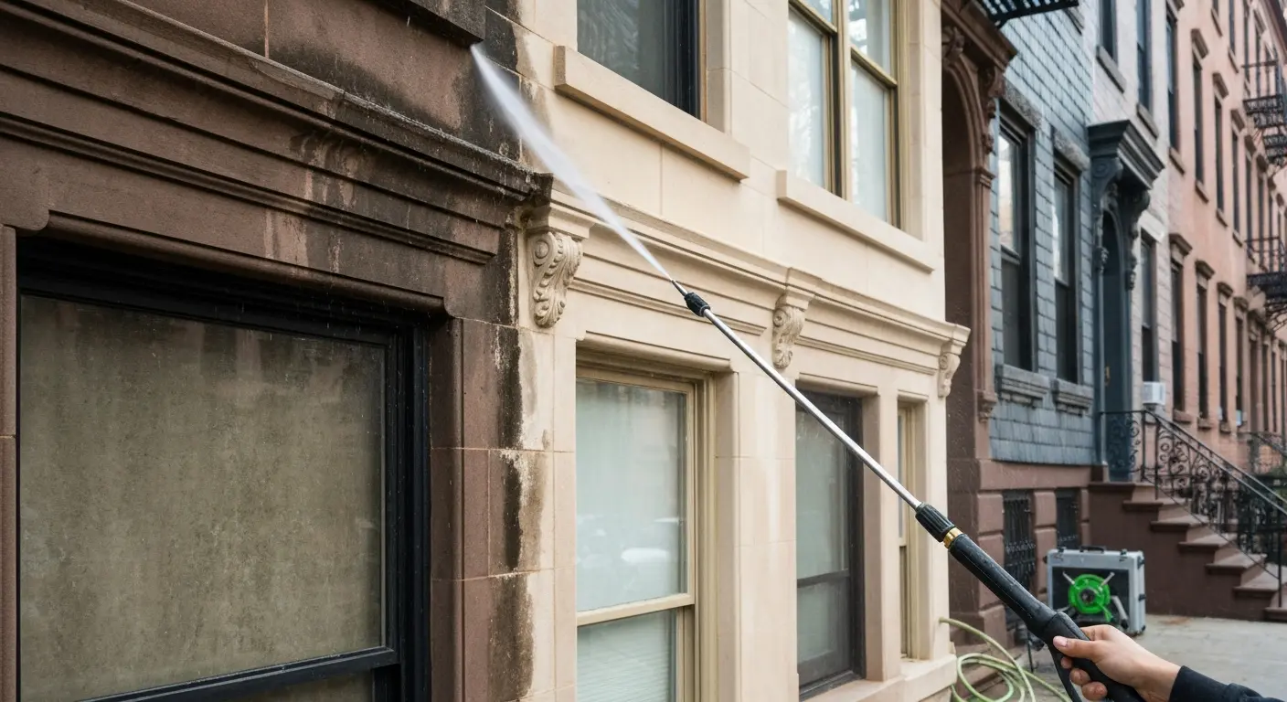 Brownstone facade pressure washing in East Side