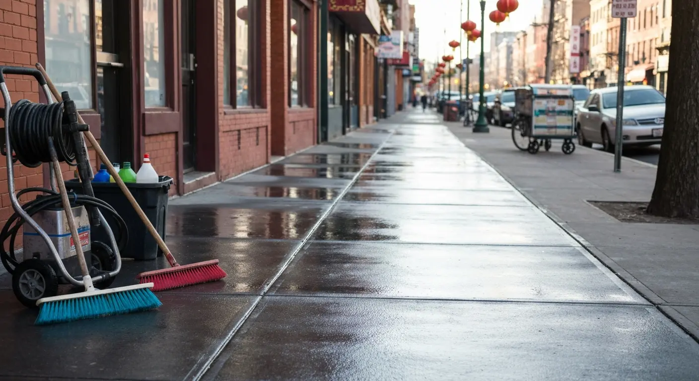 Cleaned Chinatown sidewalk ready for foot traffic