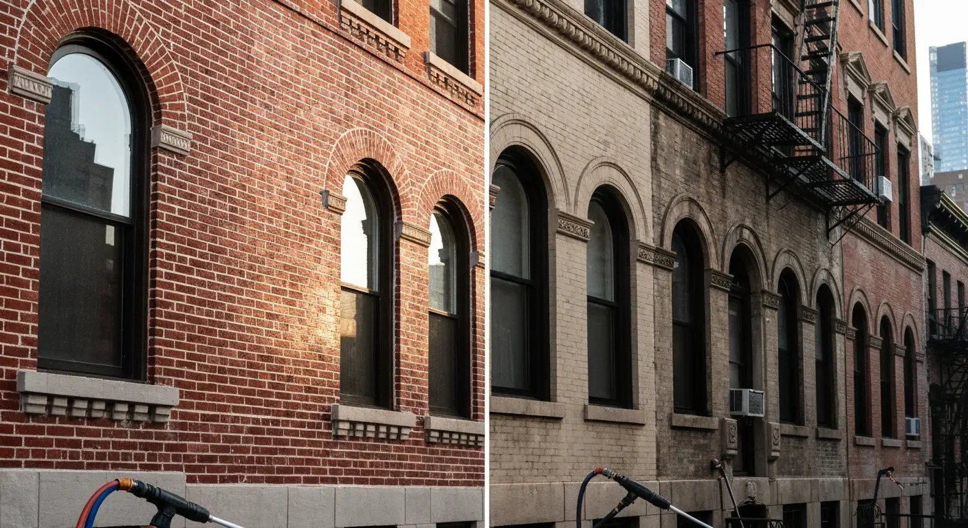 Pressure washing residential building facade