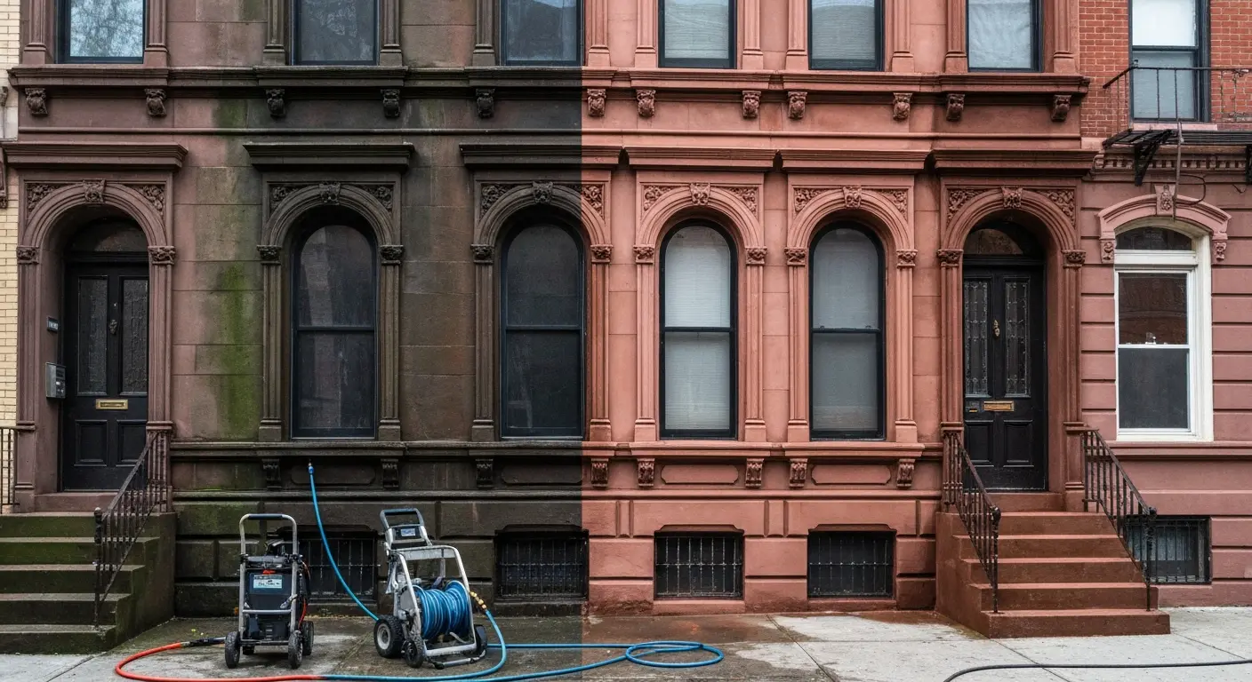 Pressure washing brownstone facade