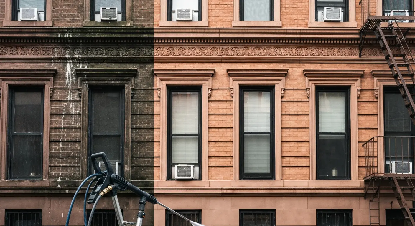 Pressure washing restored brick building facade in El Barrio