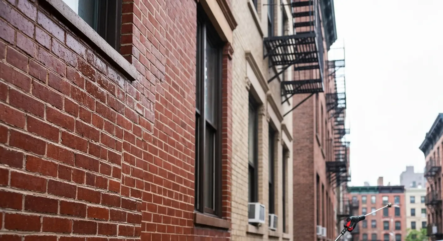Pressure washing tenement building