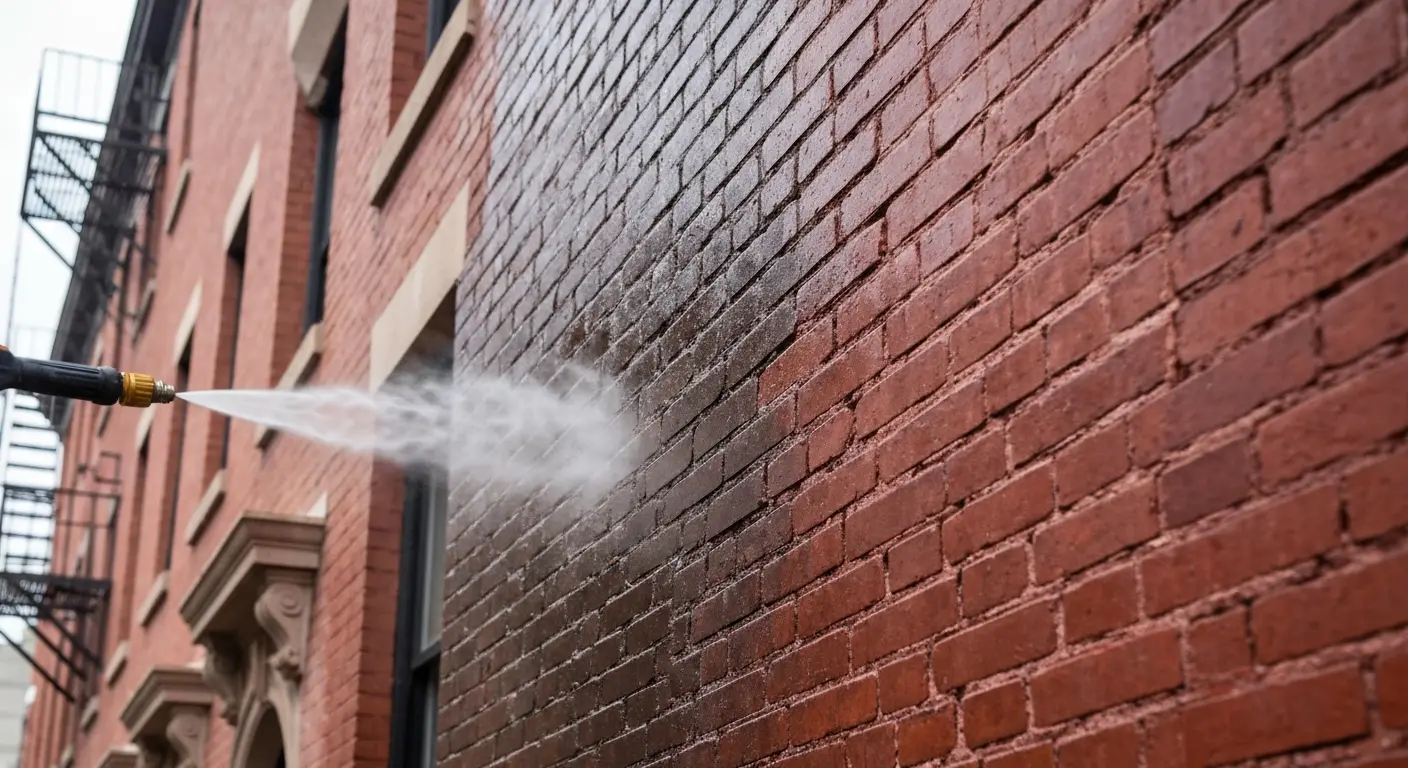 Pressure washing building exterior in Bushwick