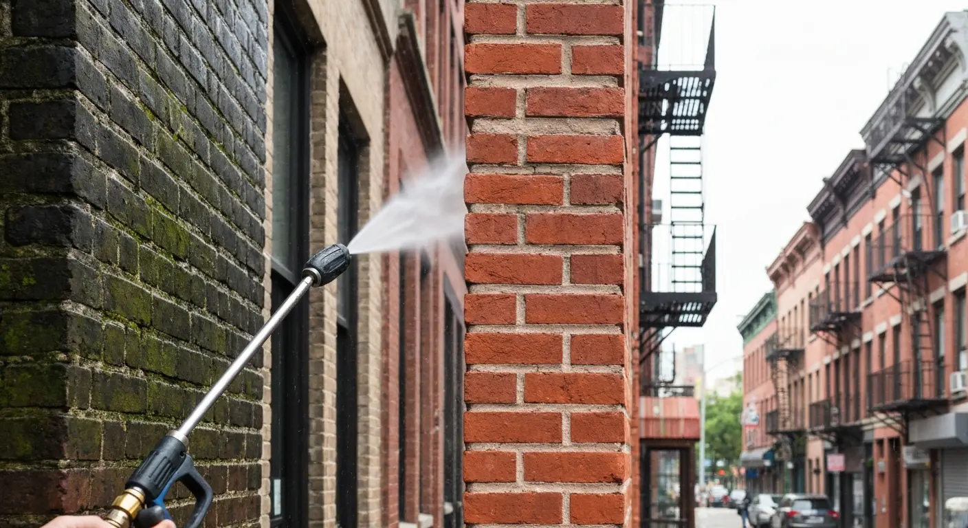 Brick facade power washing
