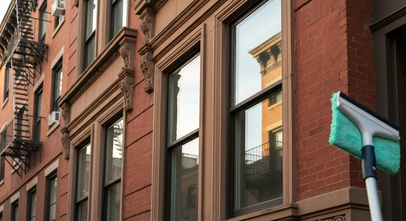 Window cleaning on historic brownstone