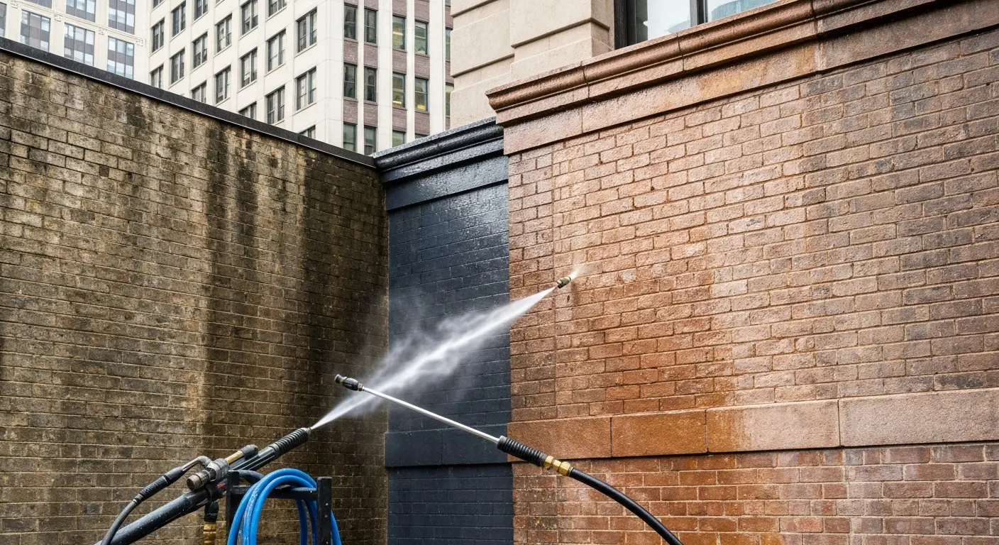 Pressure washing building facade