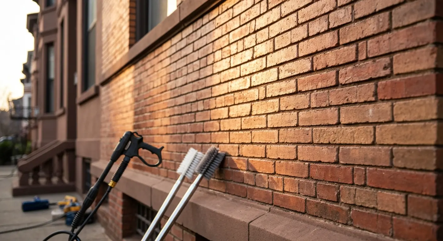 Brick facade before and after cleaning in Astoria