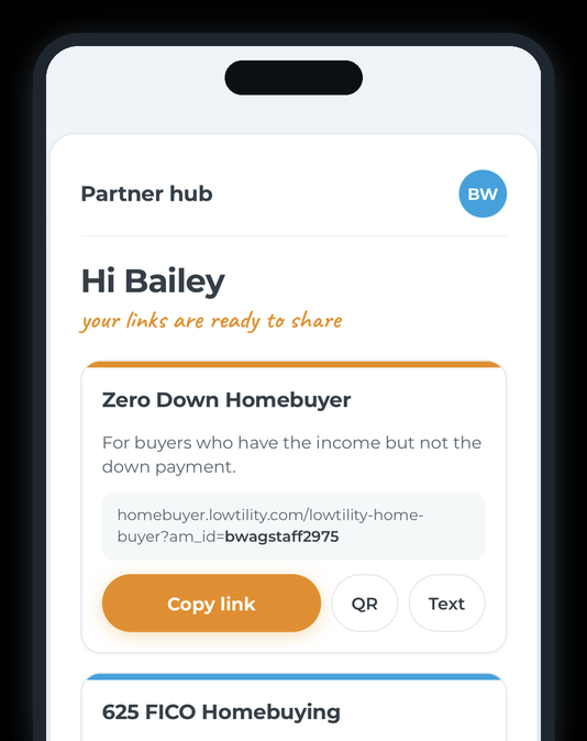 Step 2: your links appear, with buttons to copy, show a QR code, or text each one