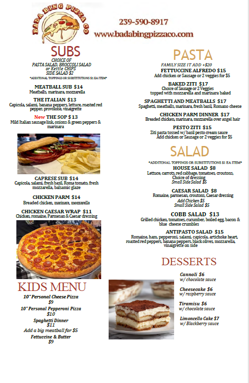 Bada Bing Pizza Co Menu Page 1