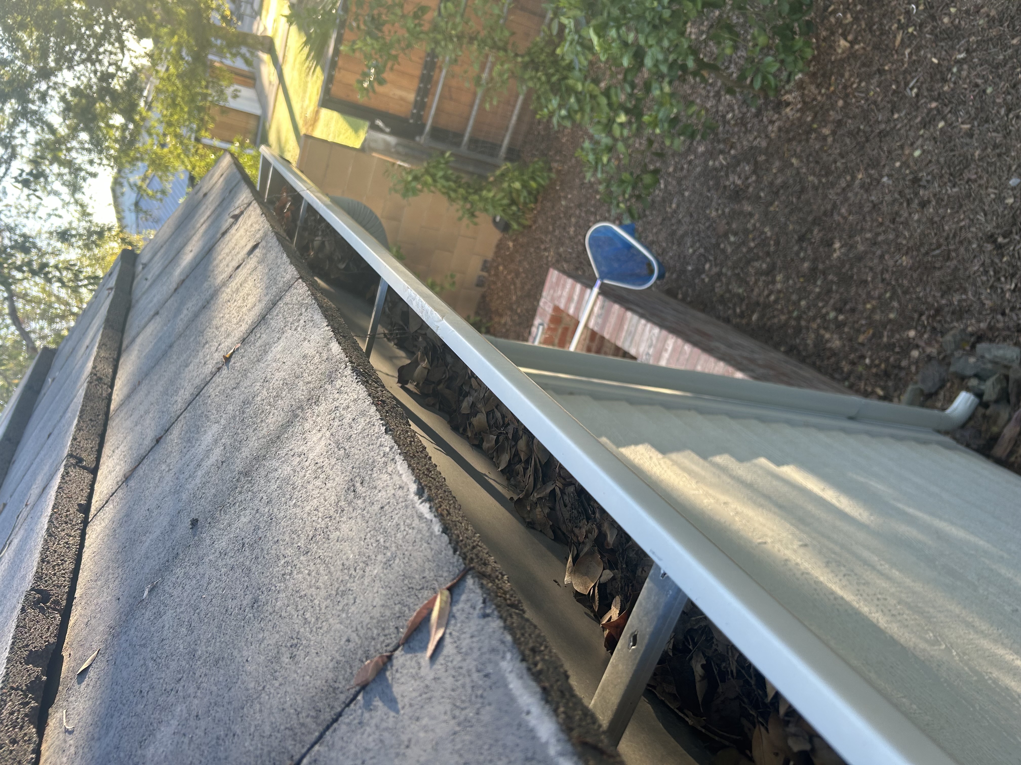 Debris built up along a gutter run beside a downspout outlet