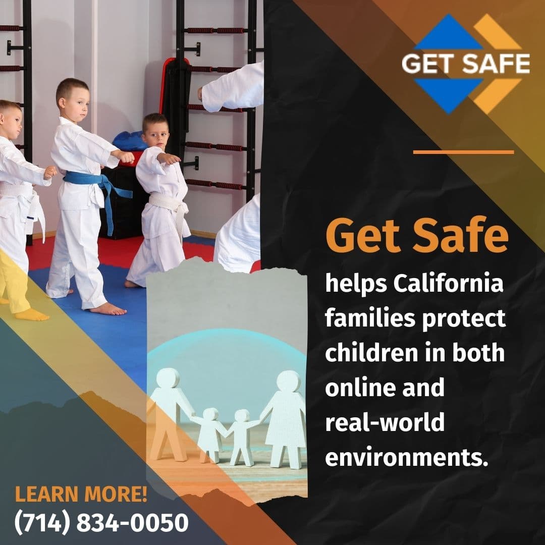 Children practicing self-defense training with Get Safe programs for family safety in California