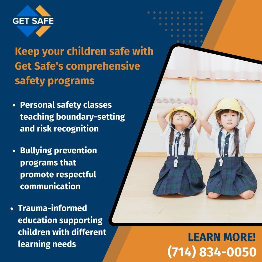 Children wearing safety helmets during a Get Safe kids safety training program in California