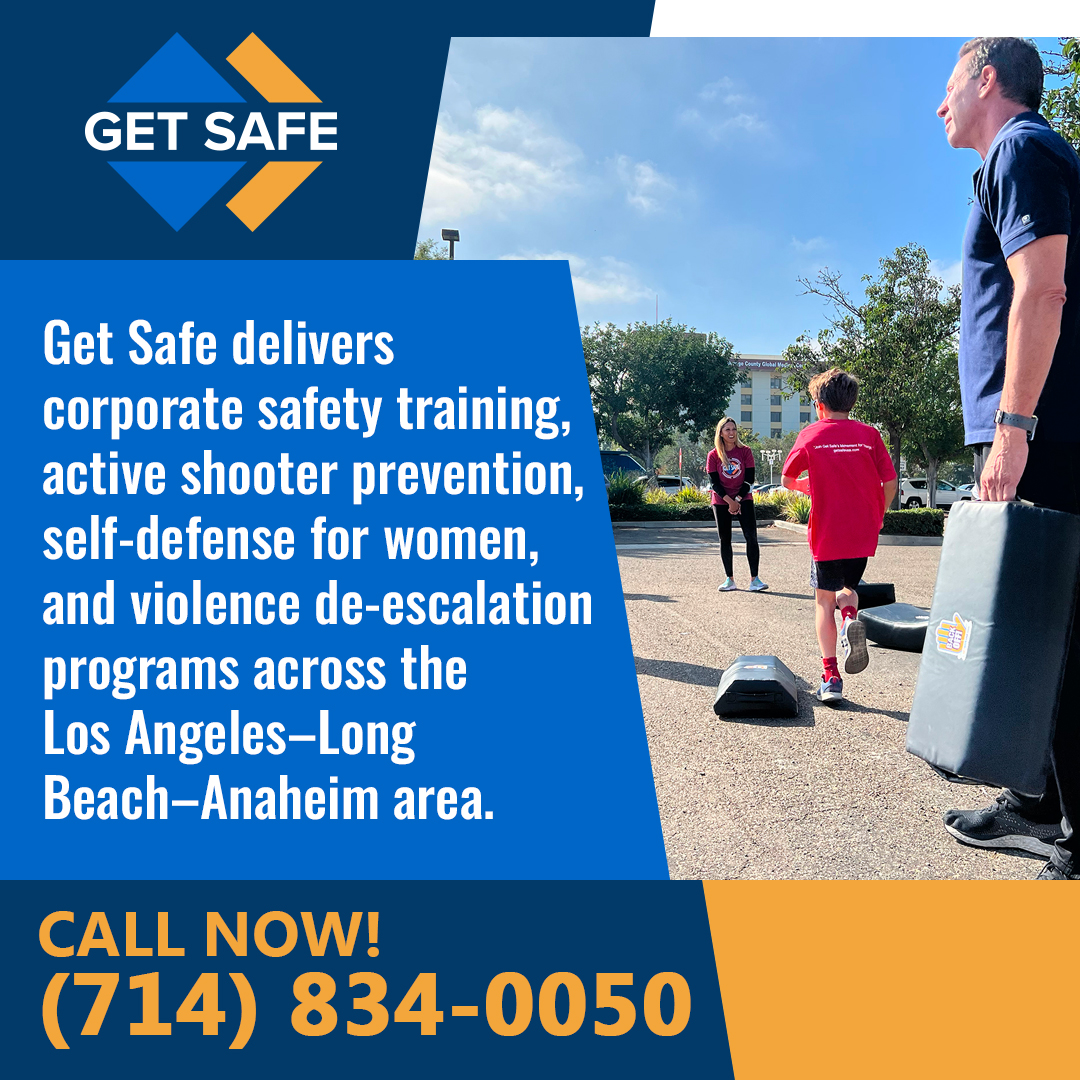Get Safe USA promotional graphic featuring an outdoor self-defense training session with an instructor and participants, promoting corporate safety and active shooter prevention programs in the Los Angeles–Long Beach–Anaheim area. Get Safe USA promotional graphic featuring an outdoor self-defense training session with an instructor and participants, promoting corporate safety and active shooter prevention programs in the Los Angeles–Long Beach–Anaheim area.