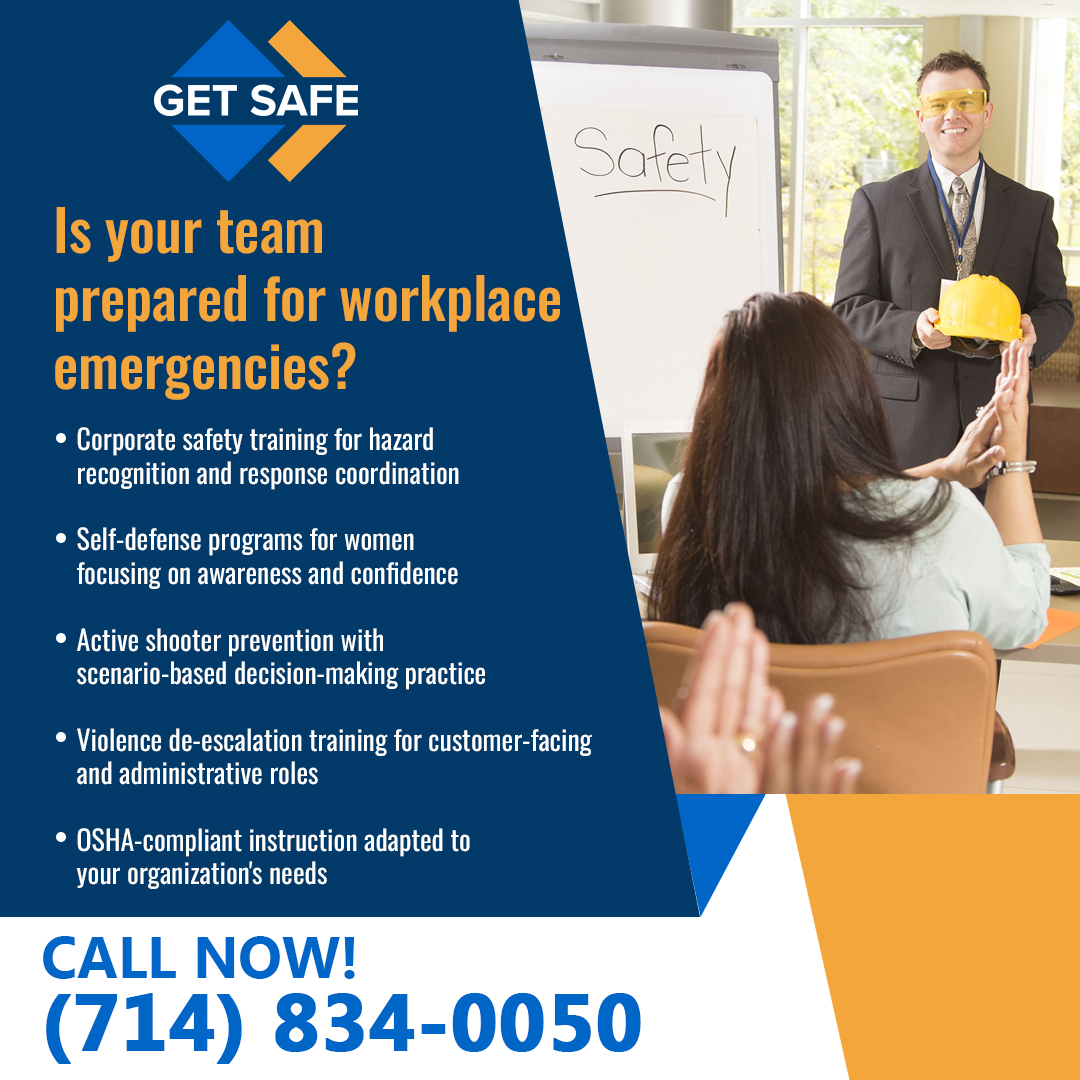 Get Safe USA advertisement asking "Is your team prepared for workplace emergencies?" featuring a safety instructor leading a classroom session with bullet points listing corporate training services and a call-to-action phone number. Get Safe USA advertisement asking "Is your team prepared for workplace emergencies?" featuring a safety instructor leading a classroom session with bullet points listing corporate training services and a call-to-action phone number.
