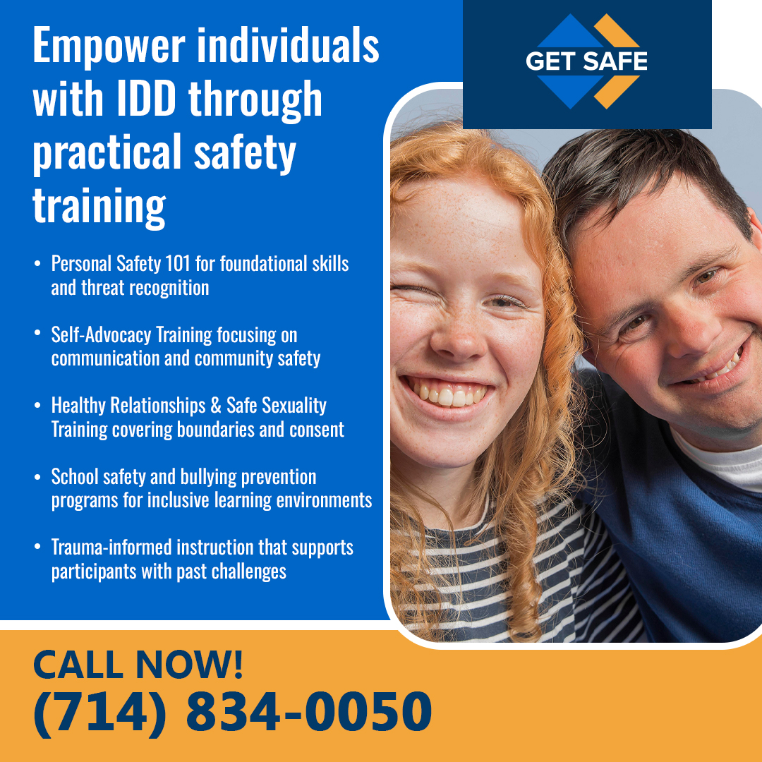 Get Safe USA ad promoting practical safety training for individuals with intellectual and developmental disabilities, featuring two smiling people and a list of five program offerings.