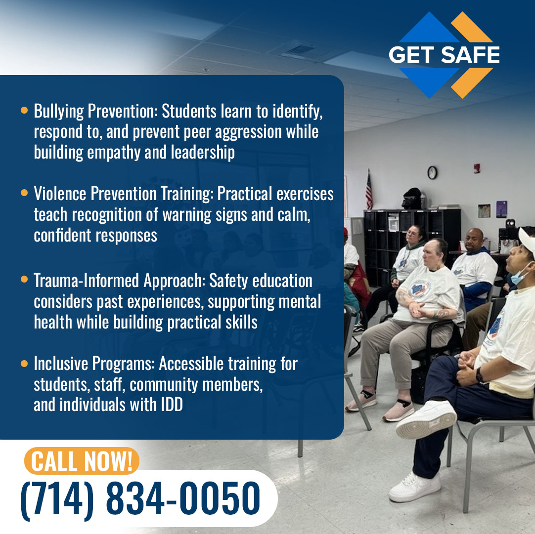 Get Safe USA ad outlining school and community safety programs with a group training session in a classroom Get Safe USA ad outlining school and community safety programs with a group training session in a classroom