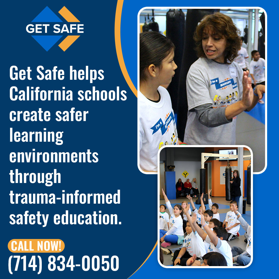 Get Safe USA ad showing instructors teaching children trauma-informed safety skills in a gym setting Get Safe USA ad showing instructors teaching children trauma-informed safety skills in a gym setting