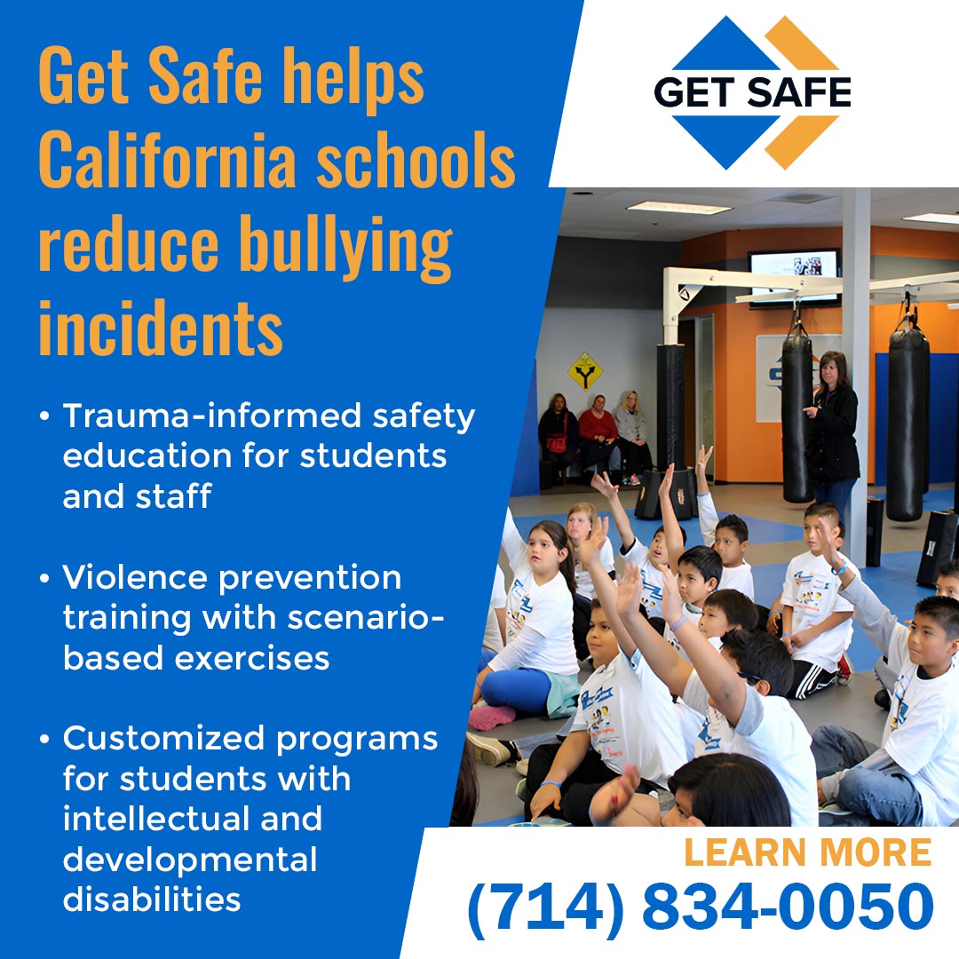 Get Safe USA graphic showing children raising hands in a safety training session, listing three anti-bullying program elements: trauma-informed education, scenario-based violence prevention, and customized programs for students with developmental disabilities.