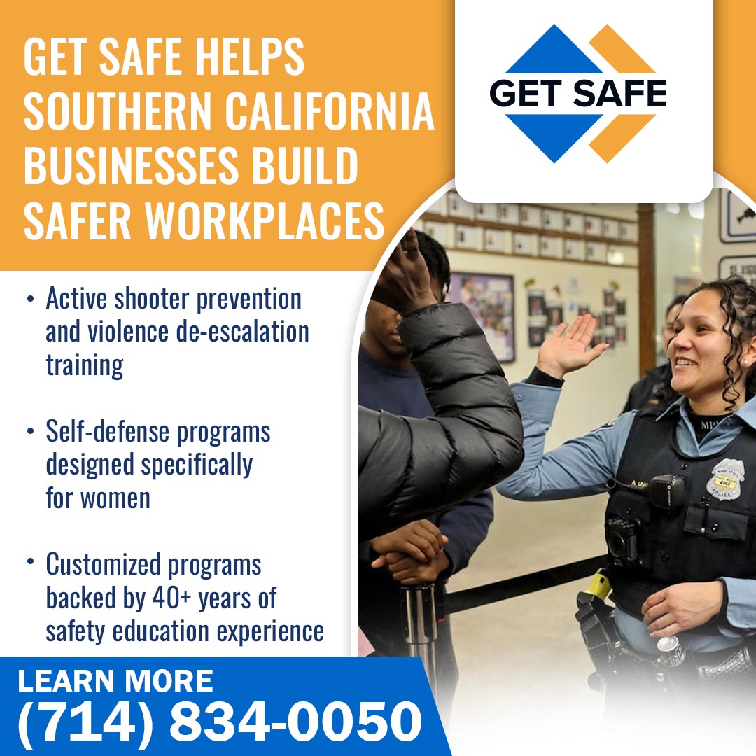 Get Safe USA graphic showing a female officer conducting a safety training demonstration, listing three workplace safety offerings: active shooter prevention, women's self-defense, and customized programs backed by 40+ years of experience.