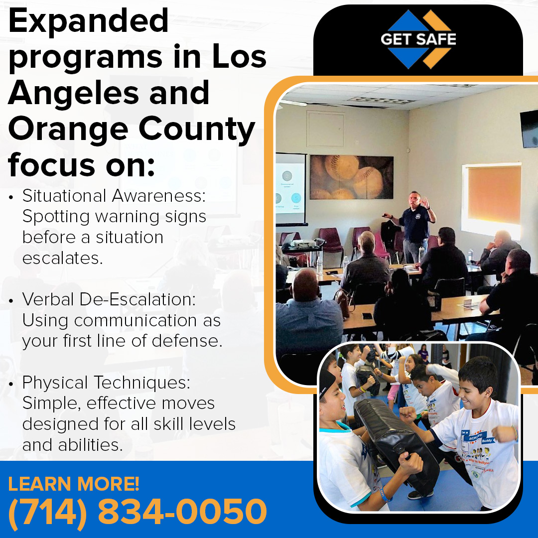 Get Safe USA graphic showing an instructor leading an adult safety class and children practicing physical techniques, listing three program focuses: situational awareness, verbal de-escalation, and physical techniques.