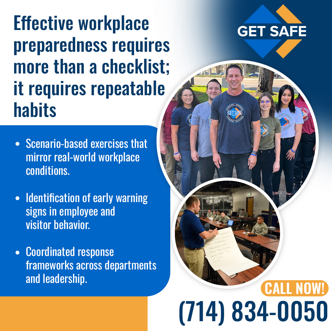 Workplace safety training team conducting preparedness exercises and leadership-focused safety instruction for employees.