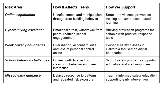 Table outlining teen safety risk areas, including online exploitation, cyberbullying, privacy concerns, school behavior challenges, and prevention strategies. Table outlining teen safety risk areas, including online exploitation, cyberbullying, privacy concerns, school behavior challenges, and prevention strategies.