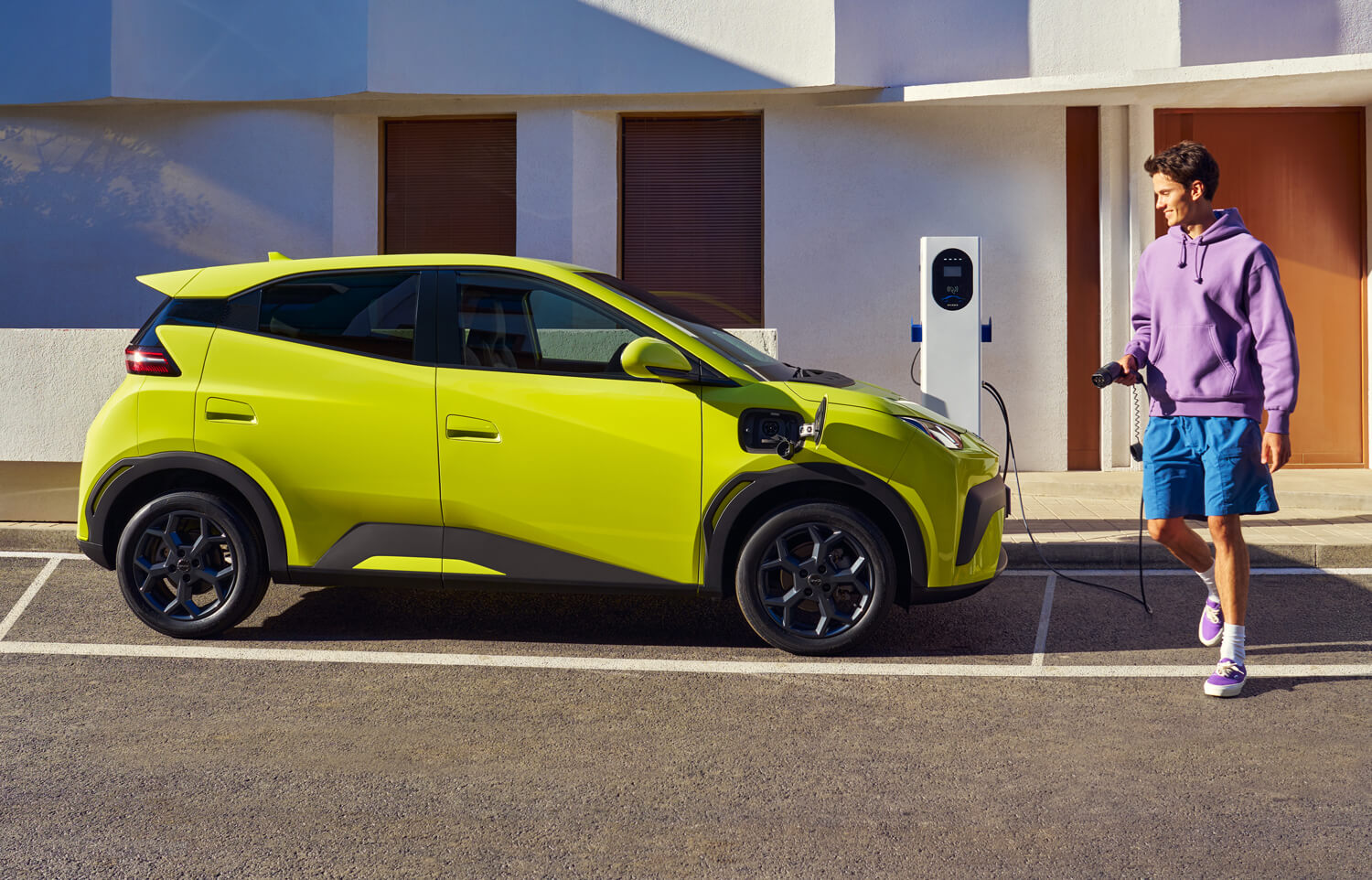BYD ATTO 1 connected to an EV charger