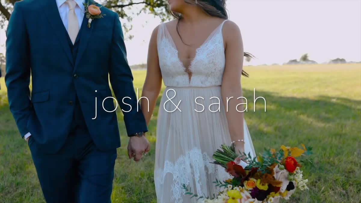 Josh and Sarah walking hand in hand across a field