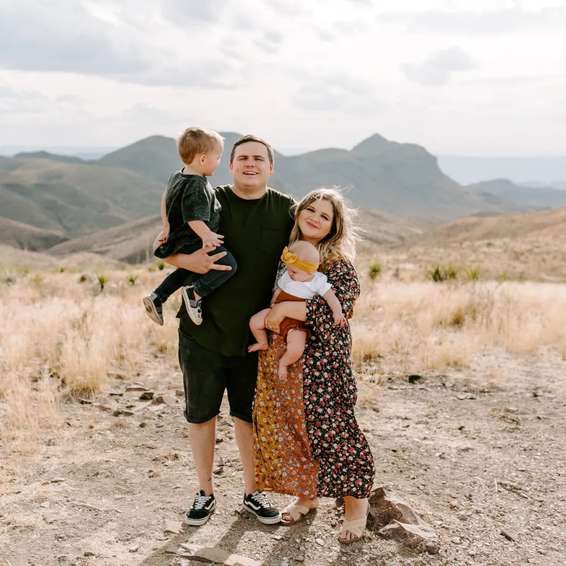 Matt and Lindsey with their three kids in the West Texas hills