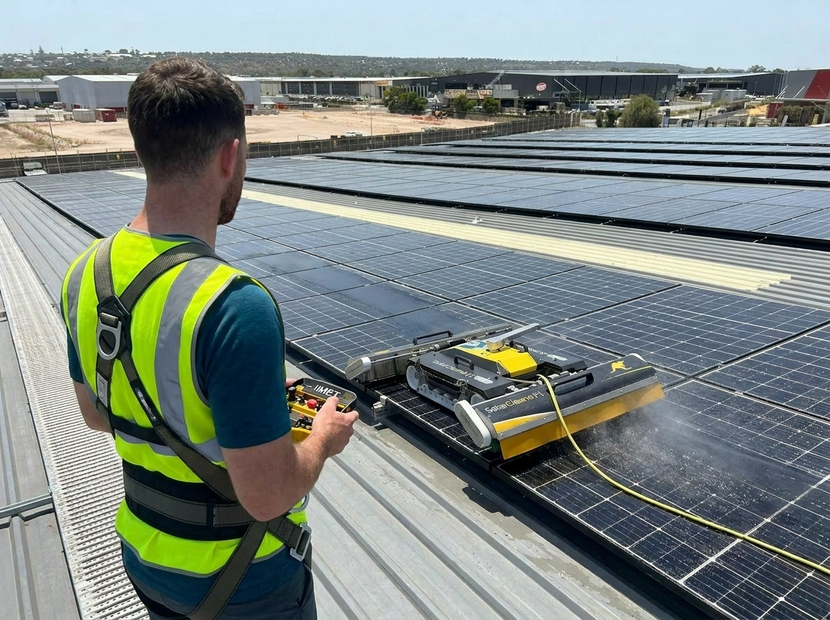 Drone view of Purified Group team cleaning commercial solar panels in Malaga using SolarCleano F1 robot