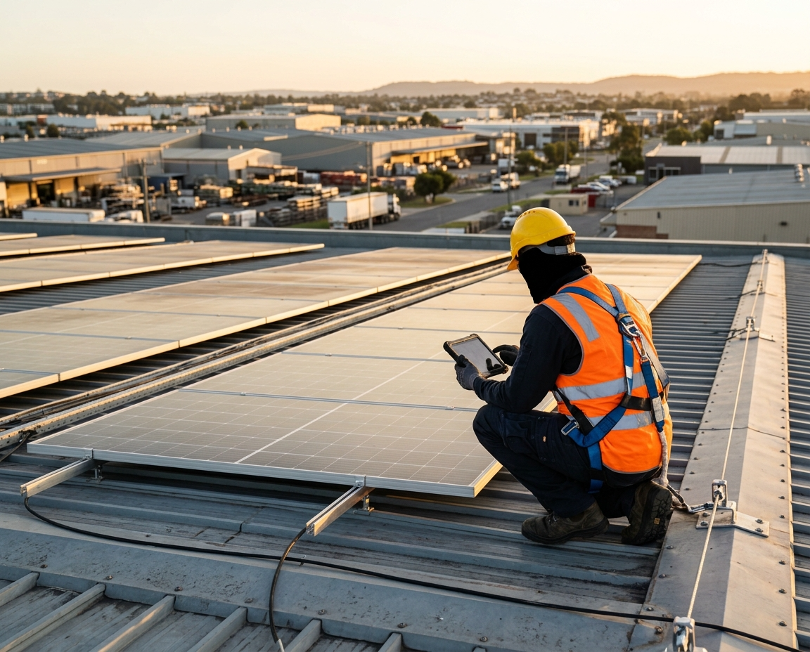 Purified Group commercial cleaning team completing a solar panel service on a Welshpool industrial site