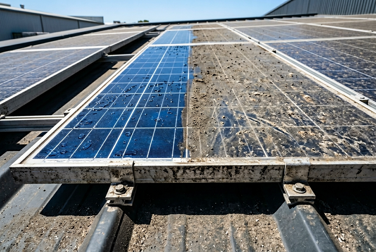 Purified Group team servicing commercial solar panels on a Welshpool warehouse rooftop, Perth WA