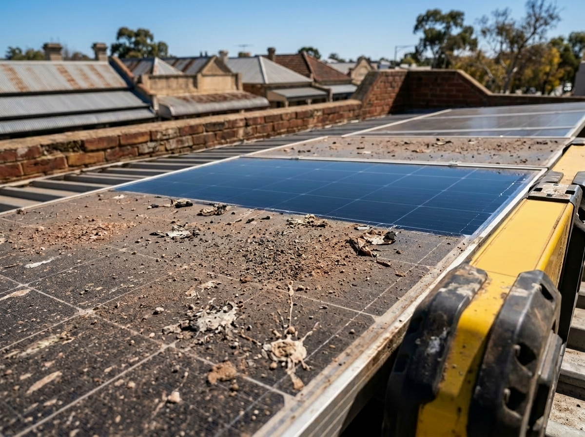 Purified Group operator cleaning commercial solar panels on a Victoria Park rooftop using SolarCleano F1 robot