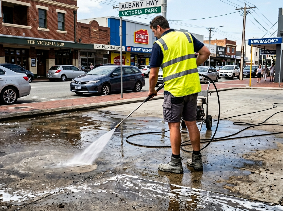Pressure cleaning on Albany Highway commercial strip, Victoria Park Perth WA