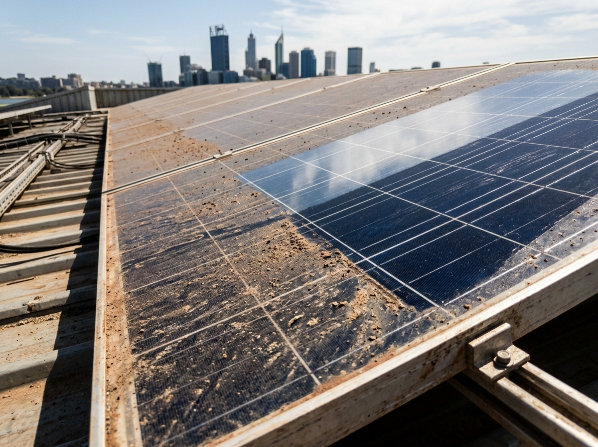 Solar panel fouling and dust buildup on a commercial showroom rooftop in Myaree, Perth WA