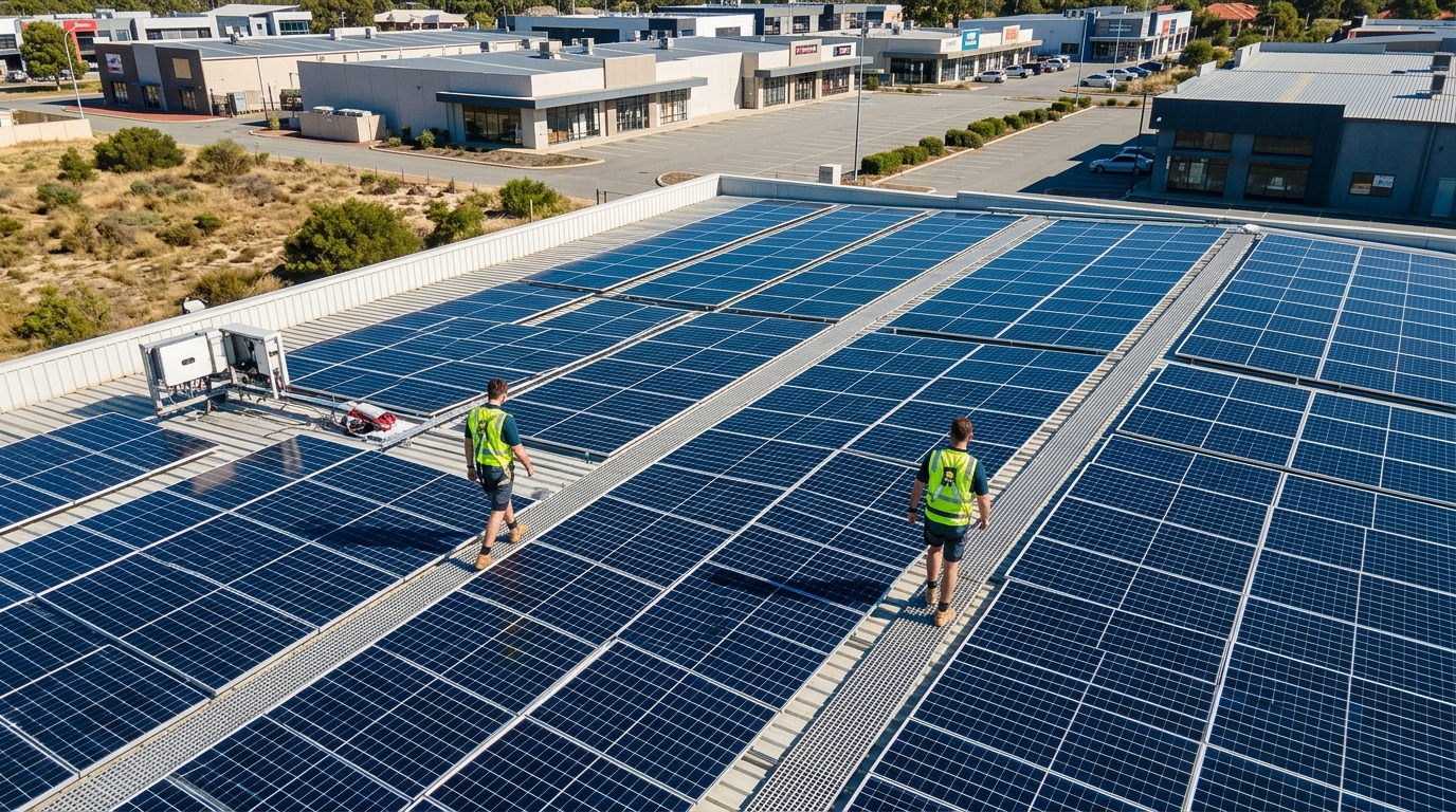 Commercial solar panel cleaning equipment on a Myaree showroom building rooftop, Perth WA