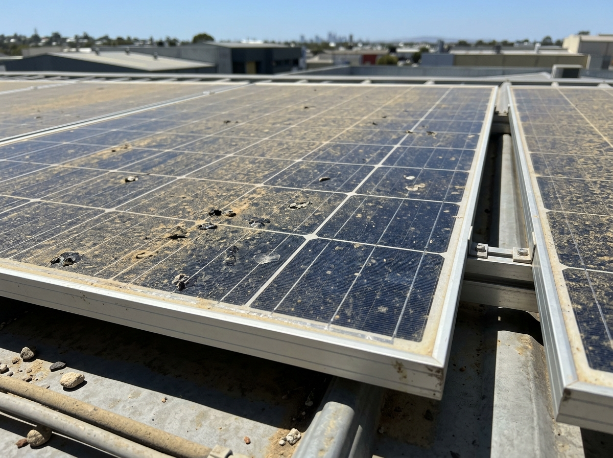 Solar panel fouling and dust buildup on a commercial warehouse rooftop in Jandakot, Perth WA