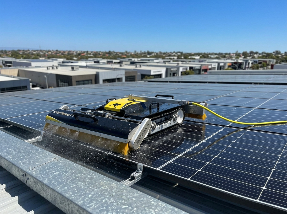 Commercial solar panel cleaning equipment on a Jandakot warehouse rooftop, Perth WA