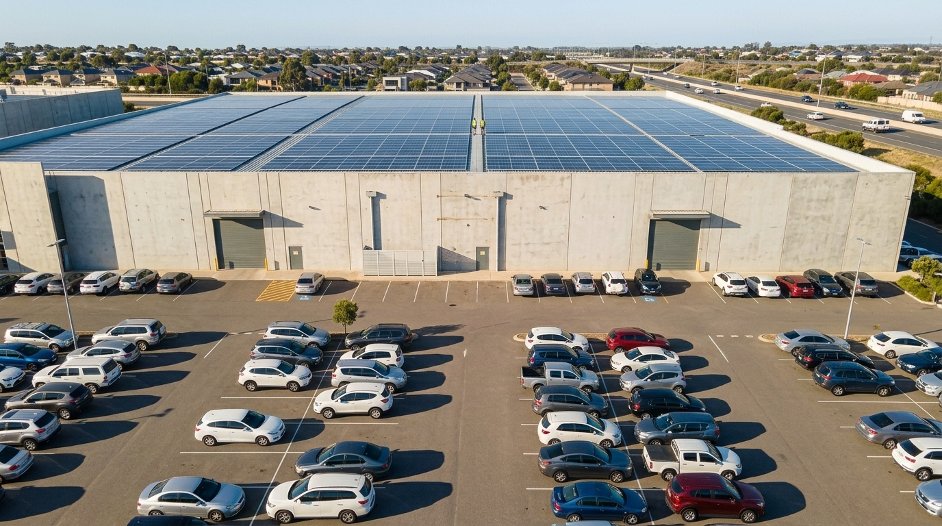 Commercial solar panel cleaning on a Cockburn warehouse rooftop