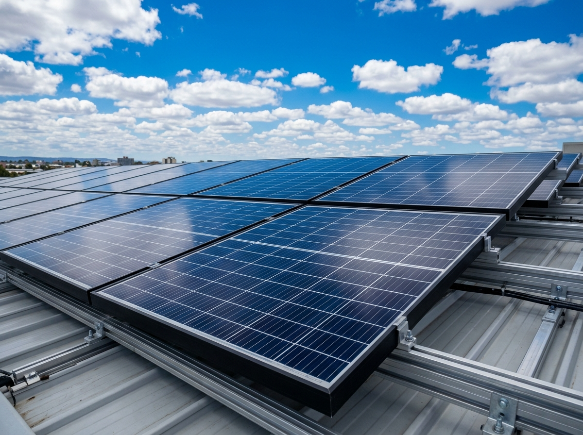 SolarCleano F1 robot cleaning commercial solar panels on a Canning Vale industrial warehouse rooftop, Purified Group Perth WA