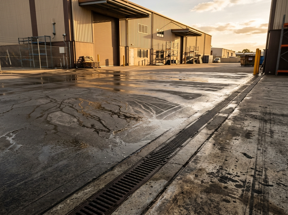 Commercial solar array on a Canning Vale warehouse rooftop showing industrial dust and grime fouling requiring professional cleaning