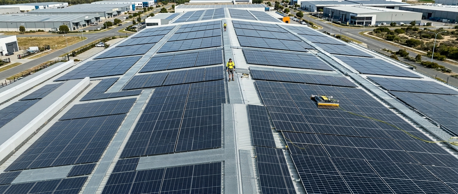 Light industrial estate road in Canning Vale Perth WA with commercial warehouses and rooftop solar panel arrays