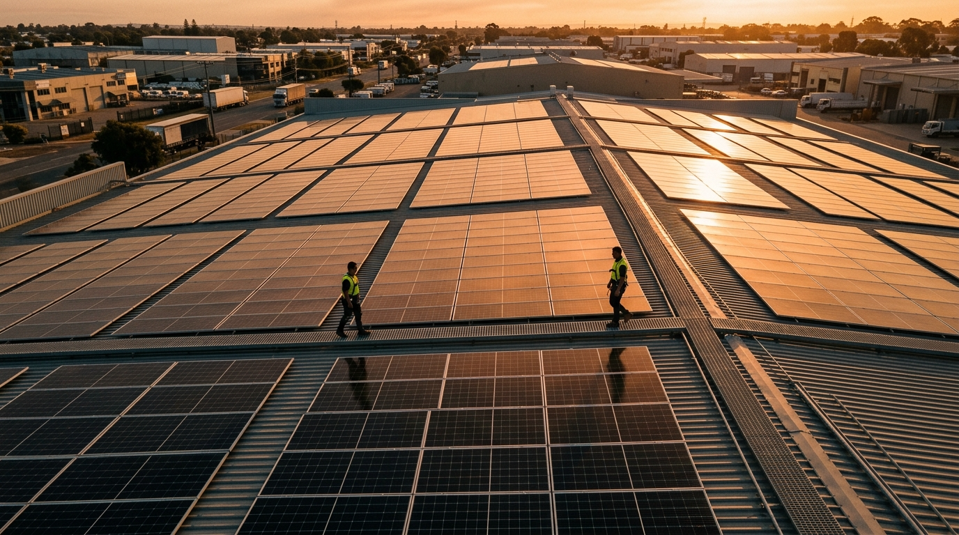Light industrial estate road in Bibra Lake Perth WA with Colorbond warehouses and rooftop solar panel arrays in morning light