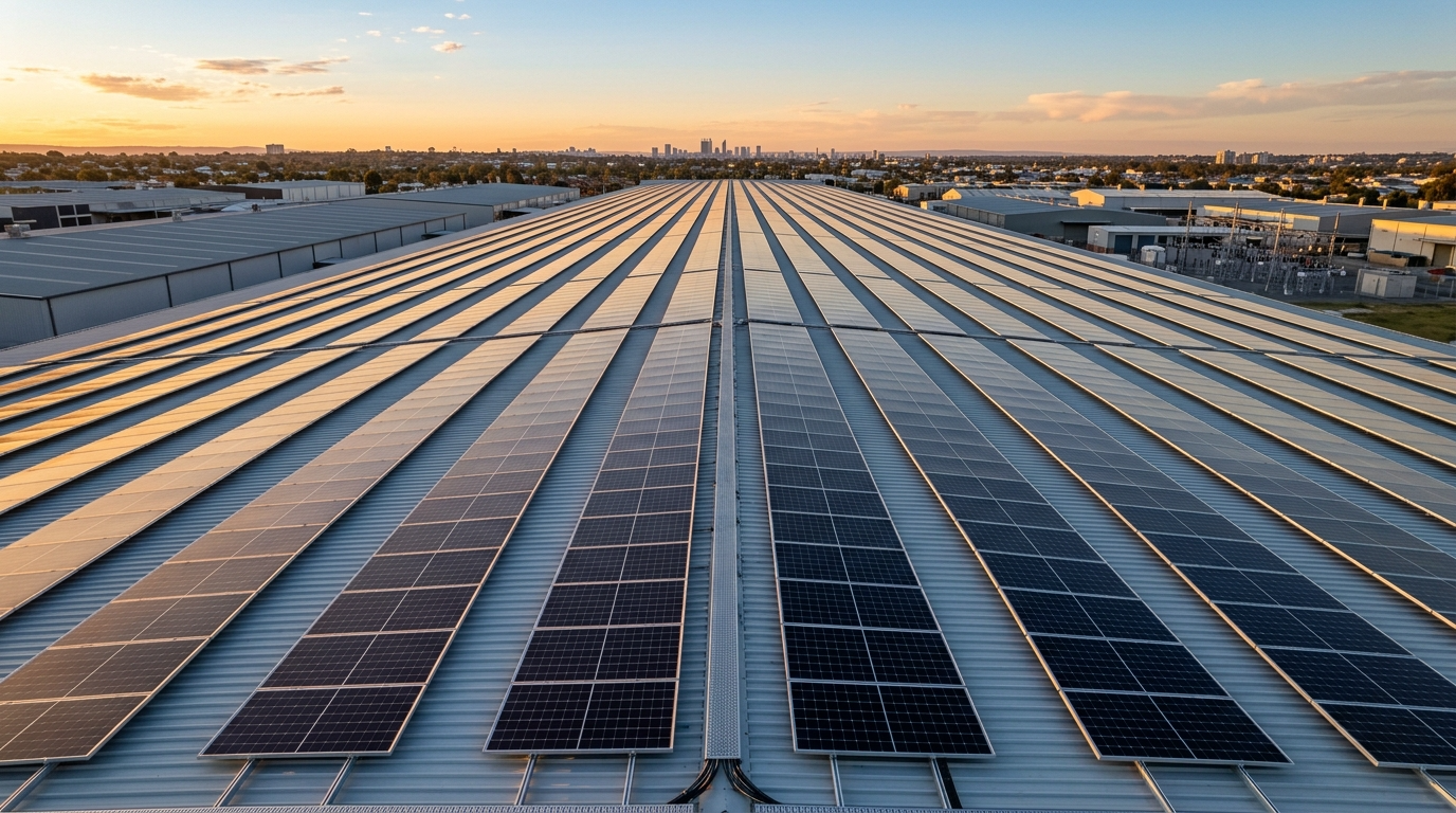 Extreme close-up of a heavily fouled commercial solar panel surface on a Perth industrial site showing industrial dust and diesel particulate build-up