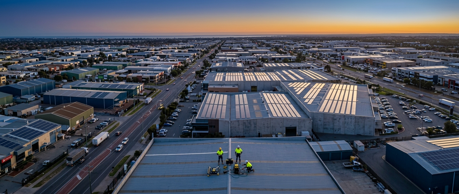 Aerial view of Perth commercial and industrial corridor with rooftop solar panel arrays across multiple warehouse estates, Purified Group WA