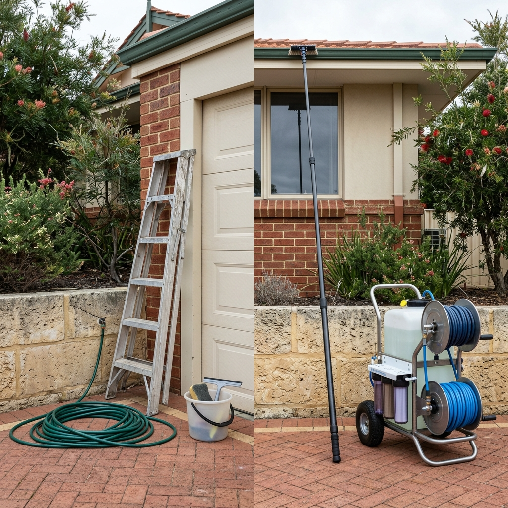 Professional cleaning vs DIY solar panel cleaning showing equipment difference